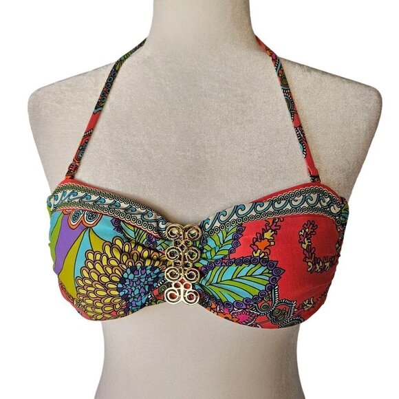 Trina Turk Size Small Swim Bikini Top Metal Detail Bandeau Tie Halter Multicolor - Picture 1 of 11